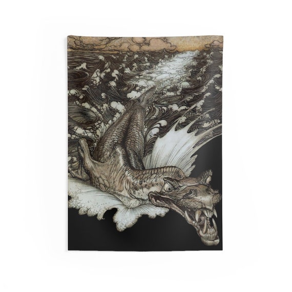 Leviathan Facing Right, Indoor Wall Tapestry, Arthur Rackham, Dragon, Sea Monster, Room Decor