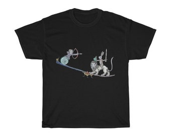 Medieval Rabbit Vs Snail Man T-shirt, Dark Colors, From Medieval Manuscript, Marginalia