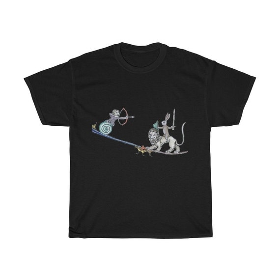 Medieval Rabbit Vs Snail Man T-shirt, Dark Colors, From Medieval Manuscript, Marginalia