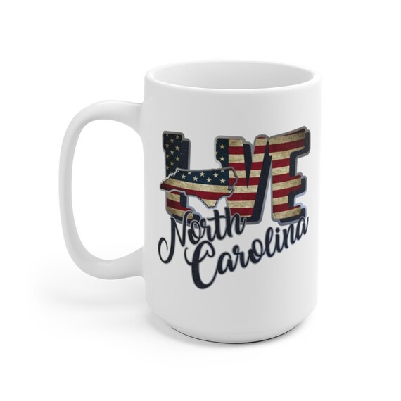 I Love North Carolina, Large White Ceramic Mug, Vintage Retro Flag, Patriotic, Patriotism, United States, Coffee, Tea