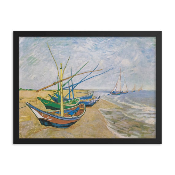 Fishing Boats on the Beach, 24"x18" Framed Giclée Poster, Black Wood Frame, Acrylic Covering, Vincent Van Gogh, Room Decor