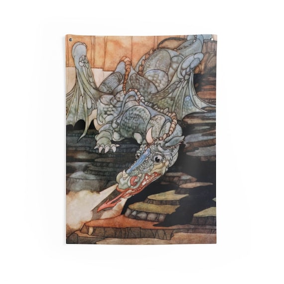 Here Be Dragons, Indoor Wall Tapestry, Vintage Art Nouveau Illustration, Wall Decor, Room Decor