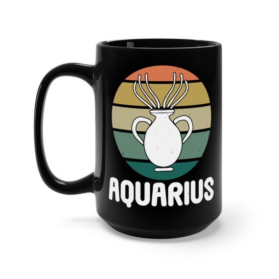 Aquarius, Black 15oz Ceramic Mug, Water Jug, Retro Vintage Style, Zodiac Sign, Astrology Gift, Coffee, Tea