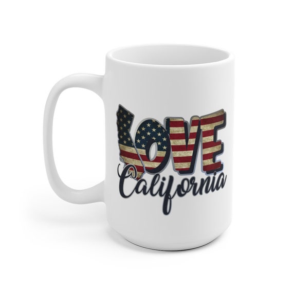 Love California, Large White Ceramic Mug, Vintage Retro Flag, Patriotic, Patriotism, United States, Coffee, Tea