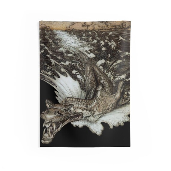 Leviathan Facing Left, Indoor Wall Tapestry, Arthur Rackham, Sea Dragon, Sea Monster, Room Decor