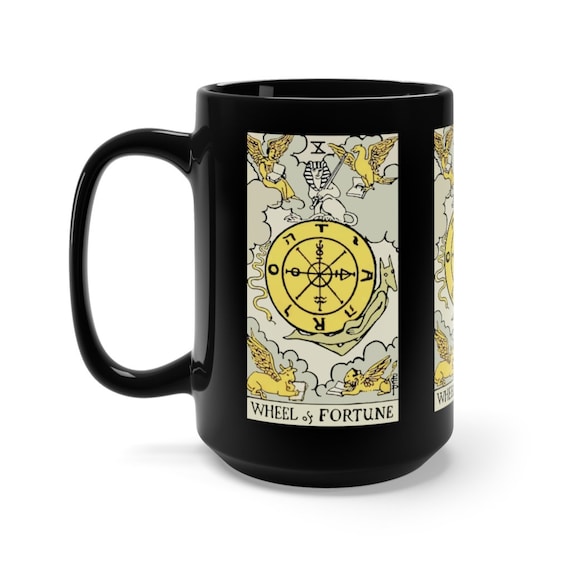 Wheel Of Fortune, Black 15oz Ceramic Mug, Tarot Card, Major Arcana, From Vintage Rider-Waite Deck, Coffee, Tea