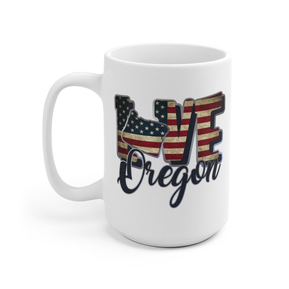 I Love Oregon, Large White Ceramic Mug, Vintage Retro Flag, Patriotic, Patriotism, United States, Coffee, Tea