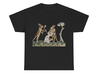 Medieval Rabbit Captures Man T-shirt, Dark Colors, From Medieval Manuscript