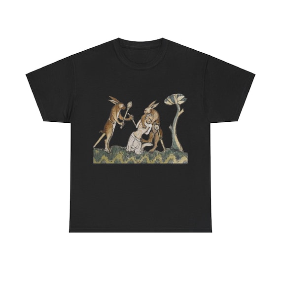 Medieval Rabbit Captures Man T-shirt, Dark Colors, From Medieval Manuscript