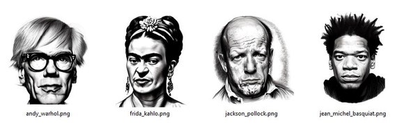 Digital, Large Transparent PNGs, 4K, 4096x4096 Pixels, Sketches Of Famous Artists Vol 1, For T-shirt, For Poster, Digital Download