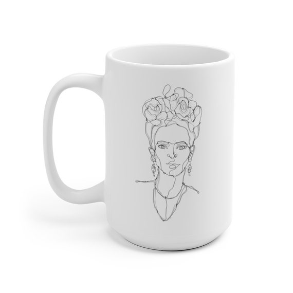 Frida Kahlo, White 15oz Ceramic Mug, Line Drawing