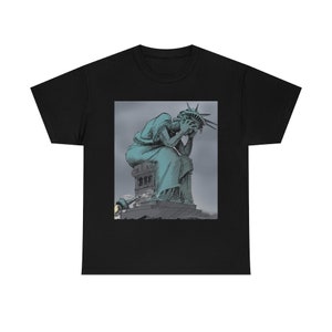 Profound Sadness, Unisex Heavy Cotton T-Shirt, Vintage Image Of The Statue Of Liberty Crying.