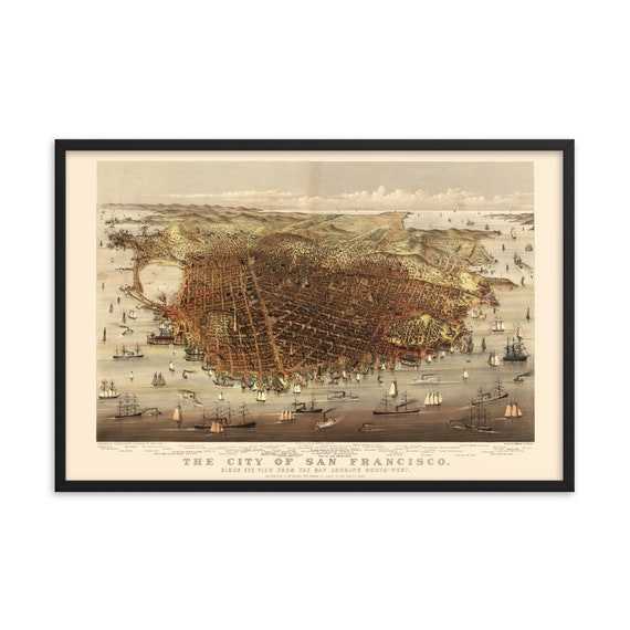 Aerial San Francisco 1878 Map, 36"x24" Framed Giclée Poster, Black Wood Frame, Acrylic Covering, Room Decor