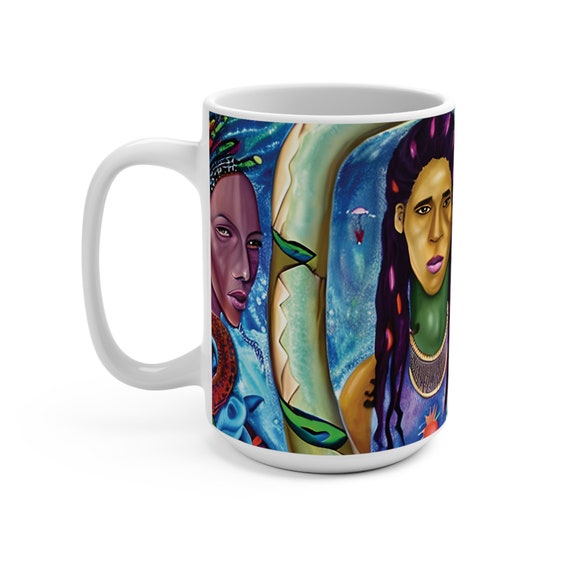 Earth Goddesses Series, #4 of 10, White 15oz Ceramic Mug, Surreal, Tribal, Primitive, Pagan, Animist, Spirit, Spiritual, Colorful