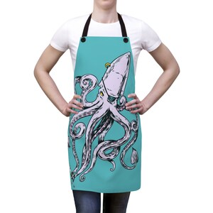 May include: A turquoise blue apron with a white octopus wearing a pirate hat and eye patch. The octopus has purple tentacles and is drawn in a cartoon style.