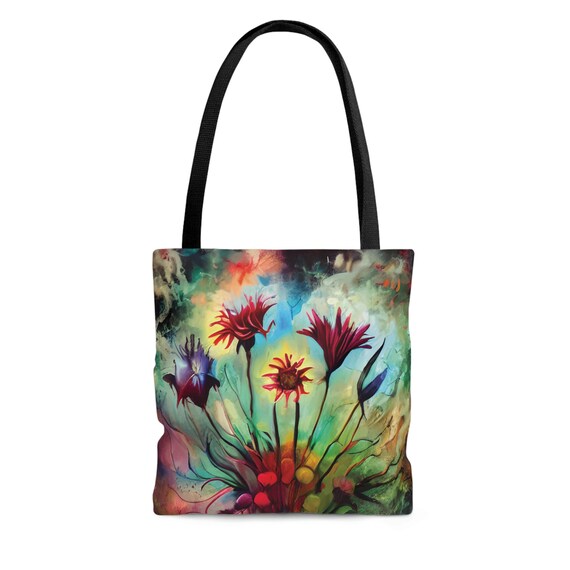 Dramatic Bouquet, Square Tote Bag, 3 Sizes,  Black Strap & Bottom, Colorful Floral Arrangement