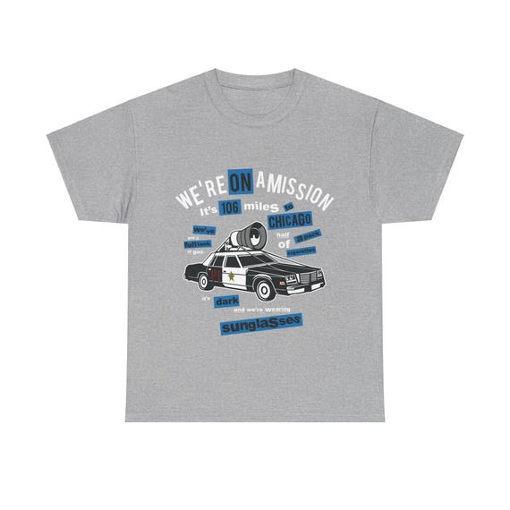 Blues Brothers On A Mission v2, Unisex Heavy Cotton T-shirt, Bluesmobile, Belushi, Aykroyd