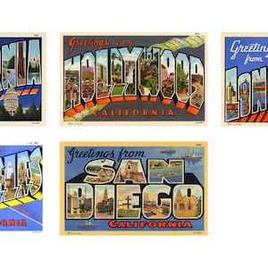 5 Kalifornien Postkarten - 11 "x 7" (18 cm x 18 cm) digitale Bilder von antiken Vintage, 1930er Jahre Großbrief, ""Grüße von"" Postkarten, Americana, Nostalgie."