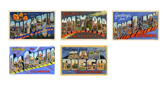 5 California Postcards - 11"x7" Digital Images of Antique Vintage, 1930s Large Letter, "Greetings From" Postcards, Americana, Nostalgia