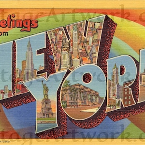 Grüße aus New York Postkarte Vorderseite, digitaler Download, Curt Teich & Co. Verlag, 1934, Americana, Americana