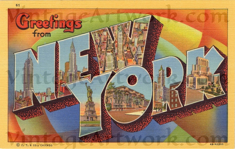 Greetings From New York Postcard Front, Digital Download, Curt Teich