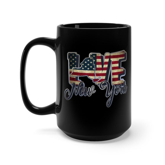 I Love New York, Large Black Ceramic Mug, Vintage Retro Flag, Patriotic, Patriotism, United States, Coffee, Tea
