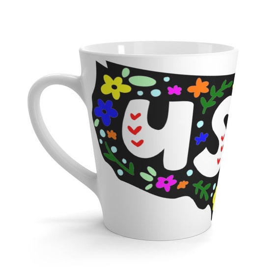 USA Flower Map Latte Mug, I Love USA, Patriotic, Patriotism, Coffee, Tea