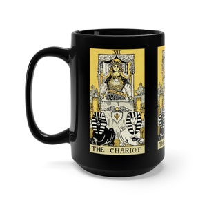 El carro, taza de cerámica negra de 15 oz, carta del tarot, arcanos mayores, de la cubierta Vintage Rider-Waite, café, té