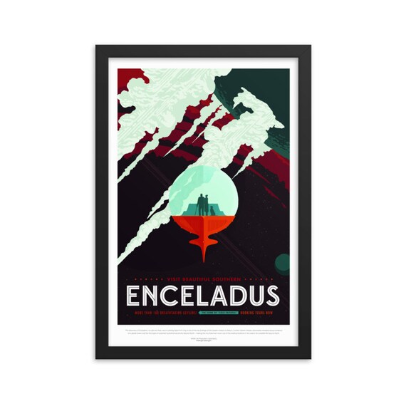 Solar System: Enceladus, 12" x18" Framed Giclée Poster, Black Wood Frame, Acrylic Covering, Fake Vintage/Retro Style NASA Travel Poster