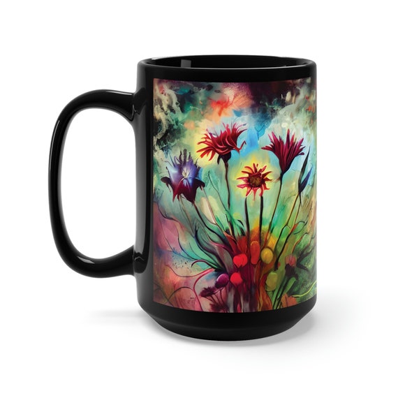 Dramatic Bouquet, Large Black Ceramic Mug, Colorful Floral Arrangement