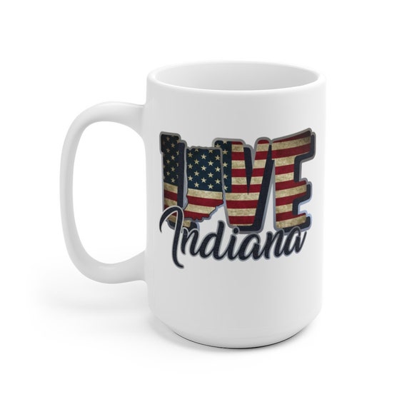 I Love Indiana, Large White Ceramic Mug, Vintage Retro Flag, Patriotic, Patriotism, United States, Coffee, Tea