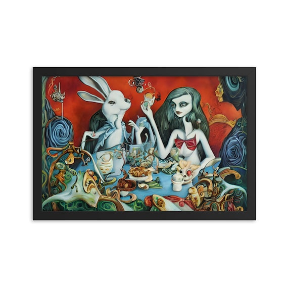 Alice At The Tea Party, 18"x12" Framed Giclée Poster, Black Wood Frame, Acrylic Cover, Surreal, Wonderland