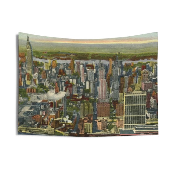 Mid-town Manhattan 1951, 36"x26" Indoor Wall Tapestry, Vintage Postcard, Curt Teich, Wall Decor, New York City, Americana, Room Decor