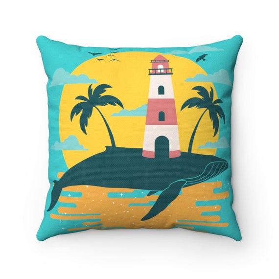 Turquoise Whale Island, Spun Polyester Square Pillow, Vintage Inspired Image, Lighthouse, Gulls, Palm Trees