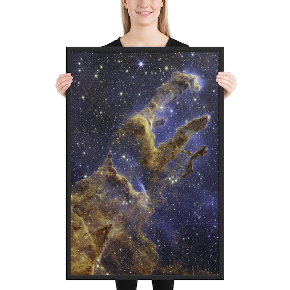 Pillars of Creation, 24" x36" Framed Giclée Poster, Black Wood Frame, Acrylic Covering. Image From NASA James Webb Telescope