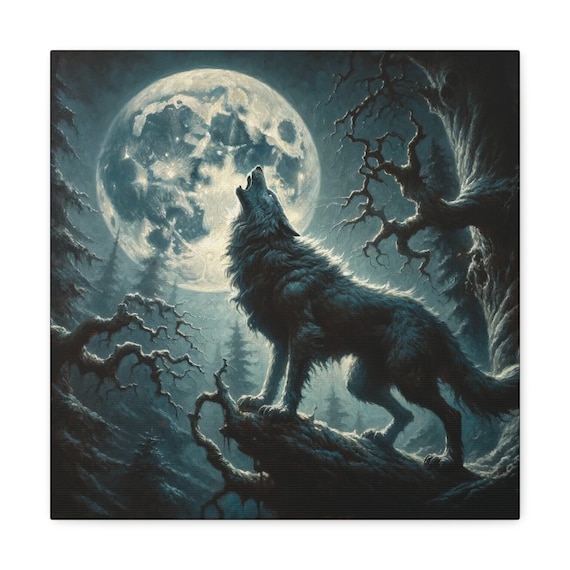 Howlin' At The Moon, Canvas Print, Lone Wolf, Howling, Moonlit, Loneliness, Wilderness, Primal Cry, Freedom, Wildness, Nobility