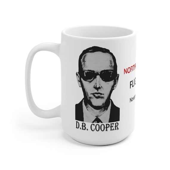 DB Cooper Large White Ceramic Mug, Vintage Retro Design, Northwest Orient Flight 305 11/24/1971, Coffee, Tea