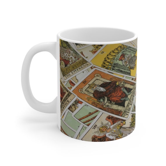 Tarot Card White Ceramic Mug Focusing On Wheel Of Fortune, Major & Minor Arcana From A Vintage Rider-Waite Deck, Coffee, Tea