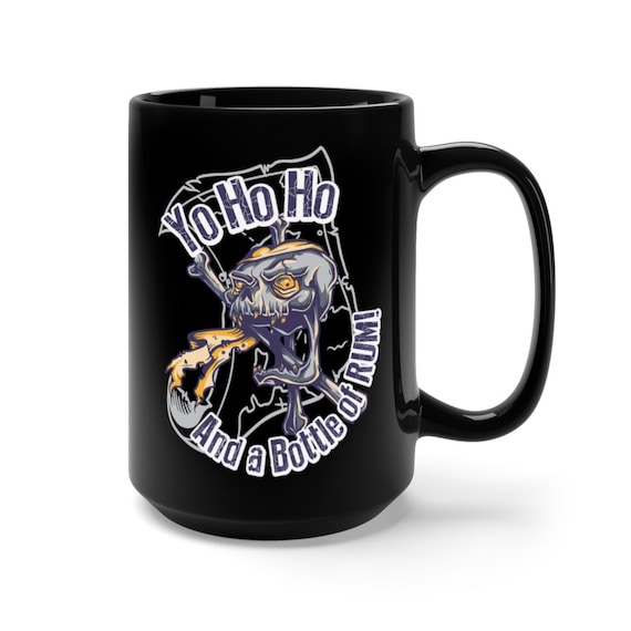 Pirate Skull, Black 15oz Ceramic Mug, Yo Ho Ho And A Bottle Of Rum, Coffee, Tea