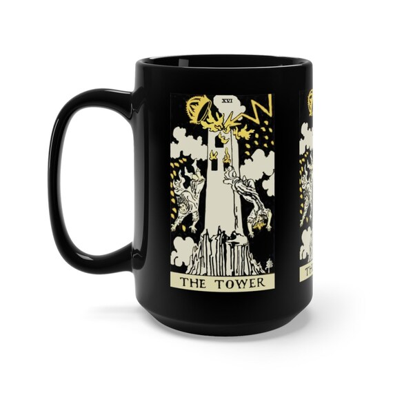 The Tower, Black 15oz Ceramic Mug, Tarot Card, Major Arcana, From Vintage Rider-Waite Deck, Coffee, Tea