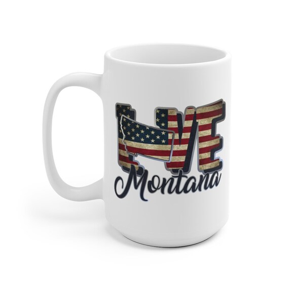 I Love Montana, Large White Ceramic Mug, Vintage Retro Flag, Patriotic, Patriotism, United States, Coffee, Tea