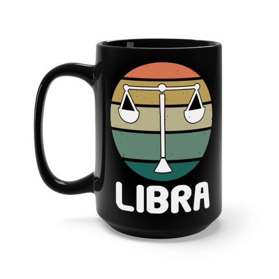 Libra, Black 15oz Ceramic Mug, Scales, Retro Vintage Style, Zodiac Sign, Astrology Gift, Coffee, Tea