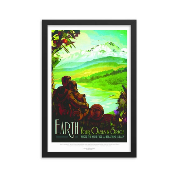 Solar System: Earth, 12" x18" Framed Giclée Poster, Black Wood Frame, Acrylic Covering, Fake Vintage/Retro Style NASA Travel Poster