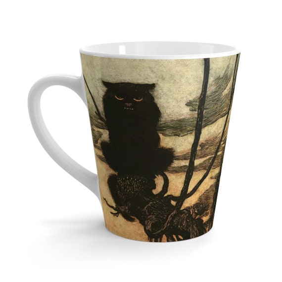 Black Cat, 12oz Latte Mug, Halloween, Vintage Illustration, Arthur Rackham, 1920, Coffee, Tea