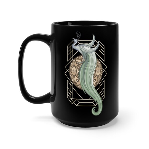 Art Deco Peacock Black 15oz Ceramic Mug, Vintage Retro Style Design, Coffee, Tea