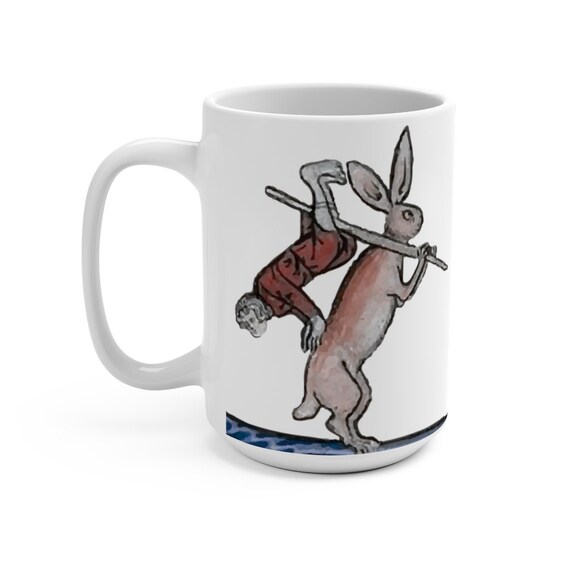 Medieval Hunter Rabbit White 15oz Ceramic Mug, From Medieval Manuscript, Marginalia, Coffee, Tea