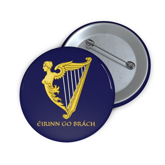 Eirinn Go Brach, 2" Pin Button, Blue Harp Flag, Coat Of Arms, Irish Pride