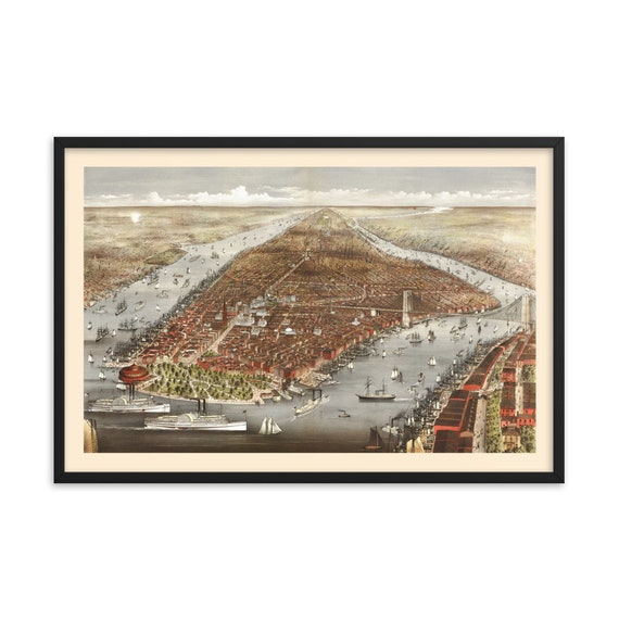 Aerial New York City 1876 Map, 36"x24" Framed Giclée Poster, Black Wood Frame, Acrylic Covering, Americana, Room Decor