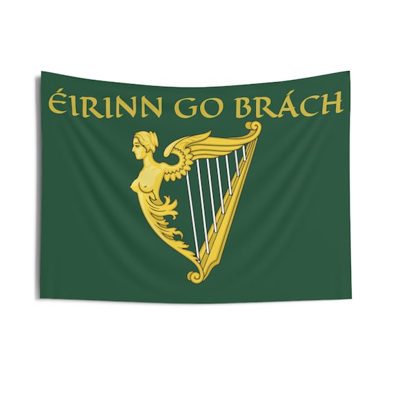 Eirinn Go Brach, 36"x26" Indoor Wall Tapestry, Ireland, Harp Flag on Green Field, Coat Of Arms