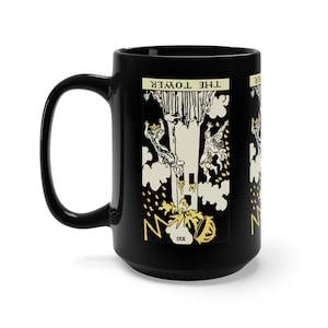 La torre invertida, taza de cerámica negra de 15 oz, carta del tarot, arcanos mayores, de Vintage Rider-Waite Deck